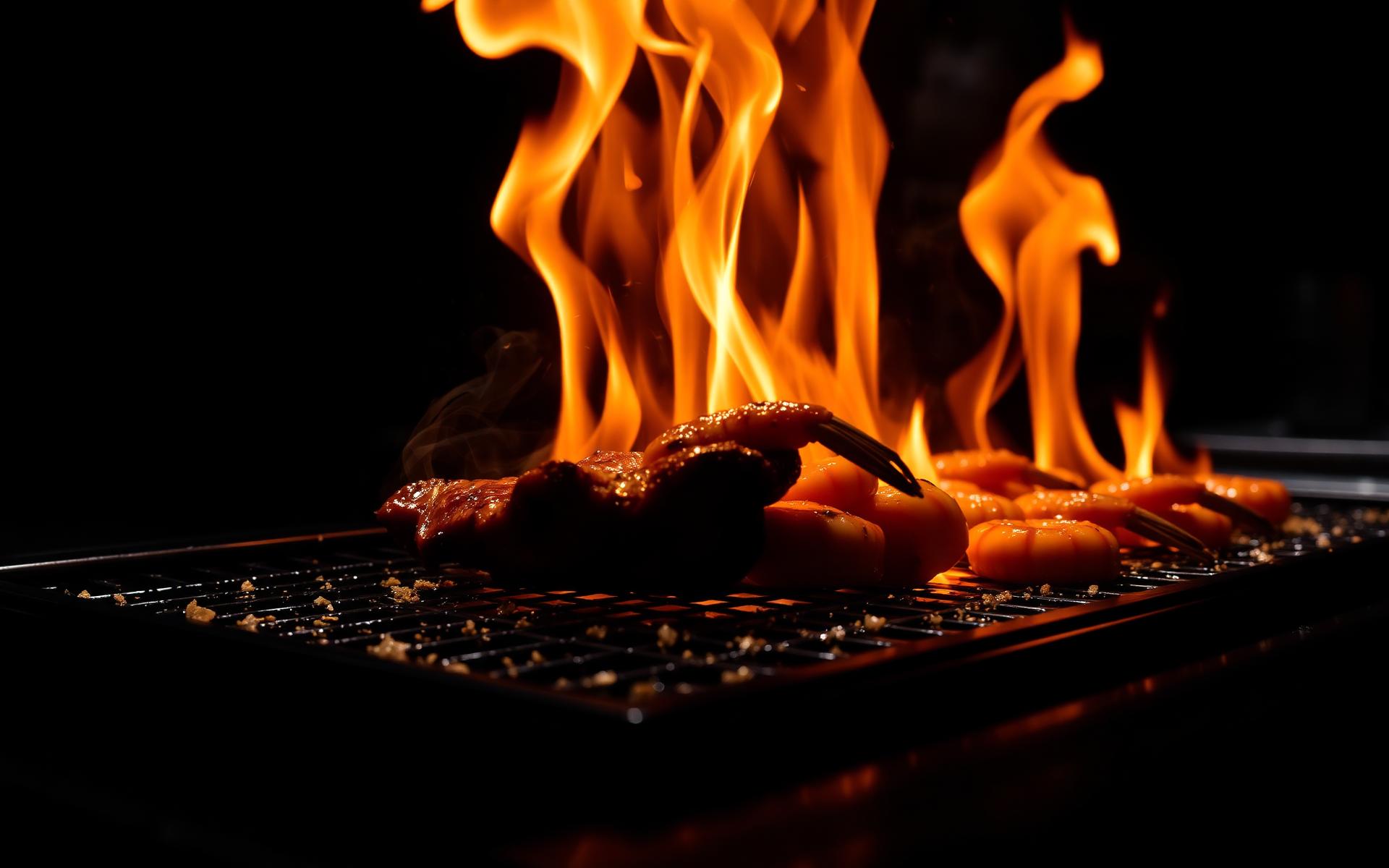 Hibachi grill in flames